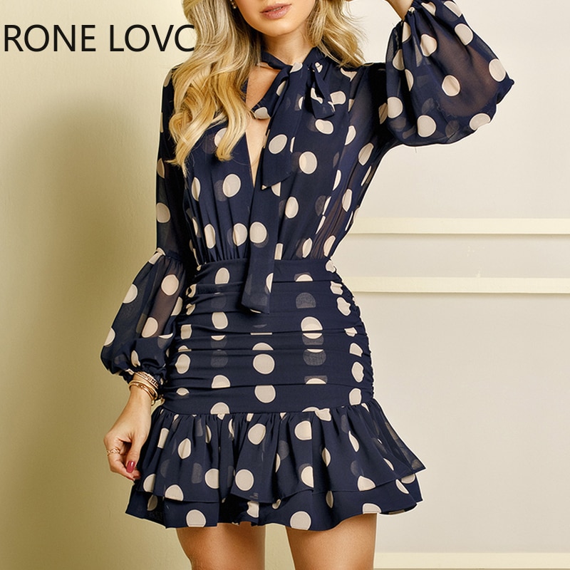 Vrouwen Lange Mouwen Dot Print Ruches Mesh Open Back Jurk Elegante Mode Chic Jurk: S