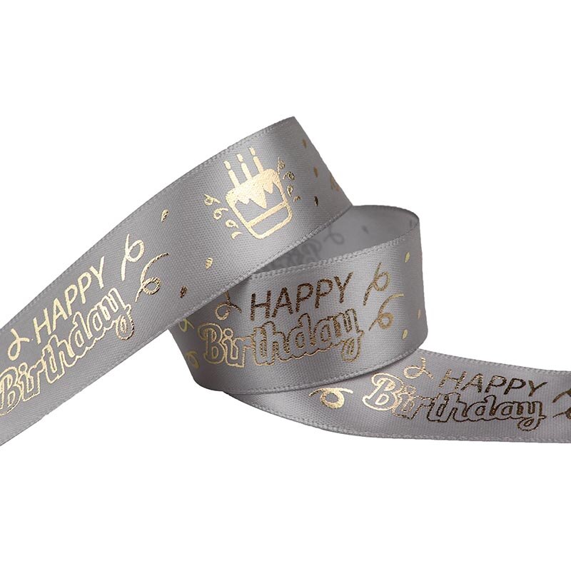 25mm Birthday Ribbon Happy Birthday Printed Satin Ribbon For Birthday Wrapping Birthday Party Decoration Accessories Ribbon: Grey