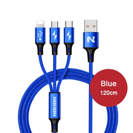 Nohon 3 in 1 8 pin type c micro nylon usb kabel til iphone 8 x 7 6 6s plus ios 10 9 8 samsung nokia usb hurtigopladning kabler ledning: 3- i -1 blå