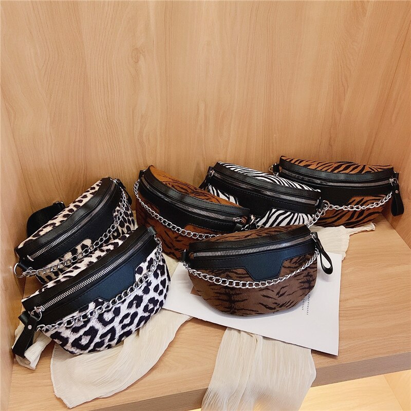 Kjede plysj #39 dame- og midjeveske tiger leopard fanny pack skulder crossbody brystvesker kvinnelig veske banan belteveske