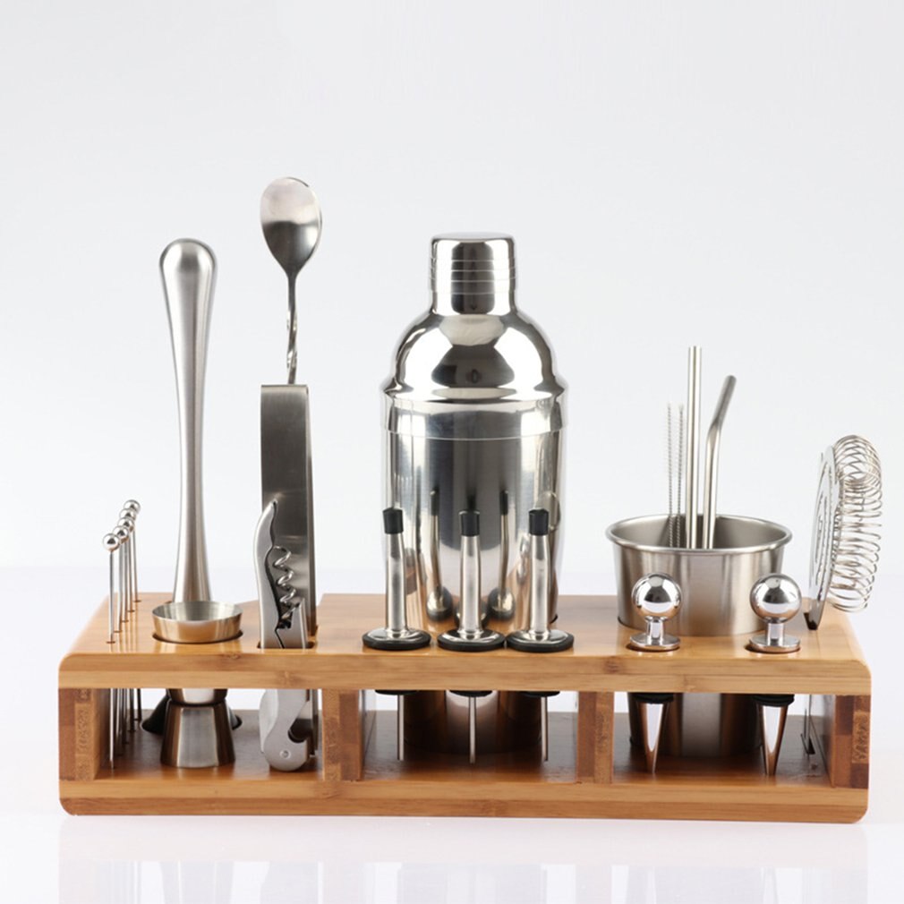 Kit de ustensiles de Bar avec support carré en bois | Ensemble de cocktails en acier inoxydable de 23 pièces pour Bar, outils de Bar de fête de boissons