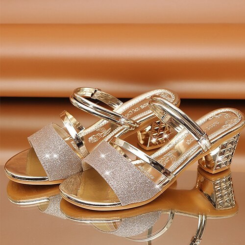 Vrouwen Sandalen Vrouw Kristal Hoge Hakken Schoenen Vrouwen Slip Op Vrouwelijke Open Teen Dames Elegante Zomer Casual mode: gold / 8.5