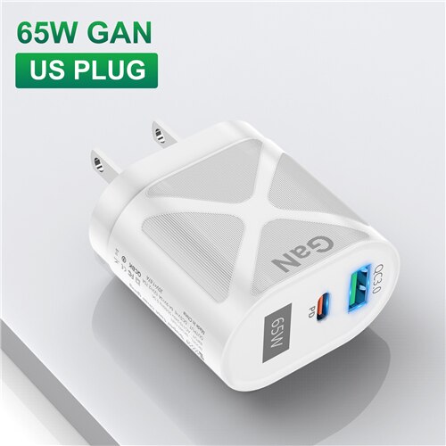 GTWIN 65W GaN PD Fast Charger Quick Charge QC3.0 USB-A Type C Fast USB C Charger For Huawei Xiaomi iPhone12 13 Pro Max X Macbook: US Plug White