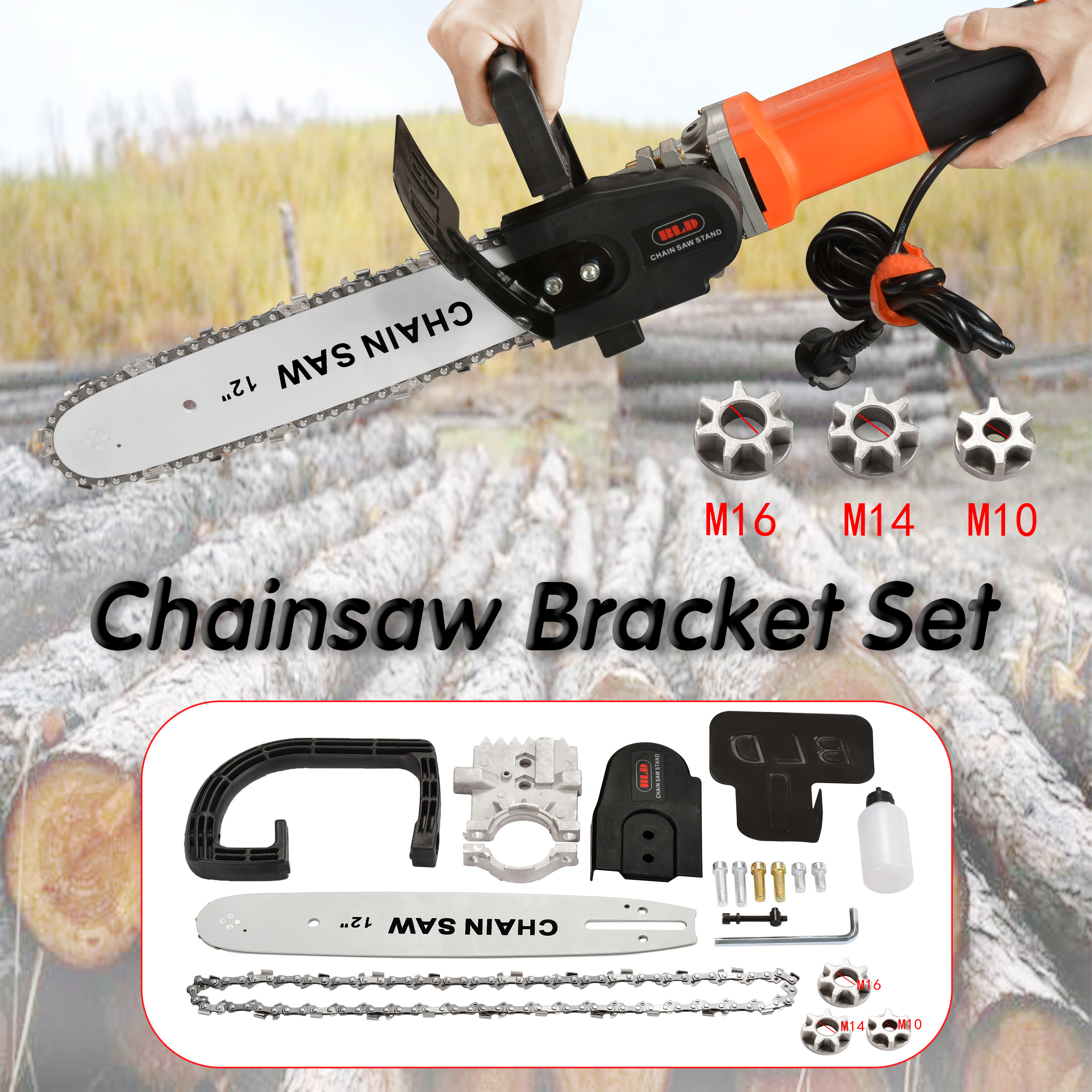 11.5/12 Inch Chainsaw Bracket Changed 100 125 150 Electric Angle Grinder M10/M14/M16 Into Chain Saw Woodworking Power Tool Set