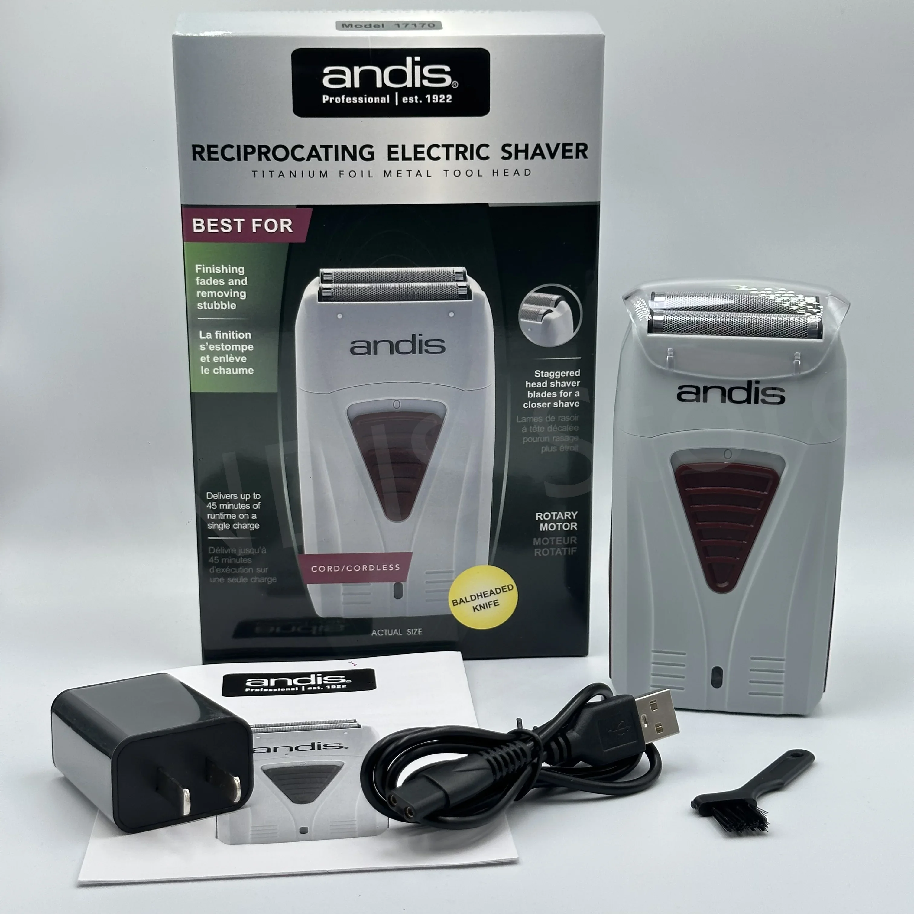 Afeitadora eléctrica Original Andis 17170 de litio para limpieza del cabello de barbero para hombres, maquinilla de afeitar para Barba, máquina de afeitar calva: Plata