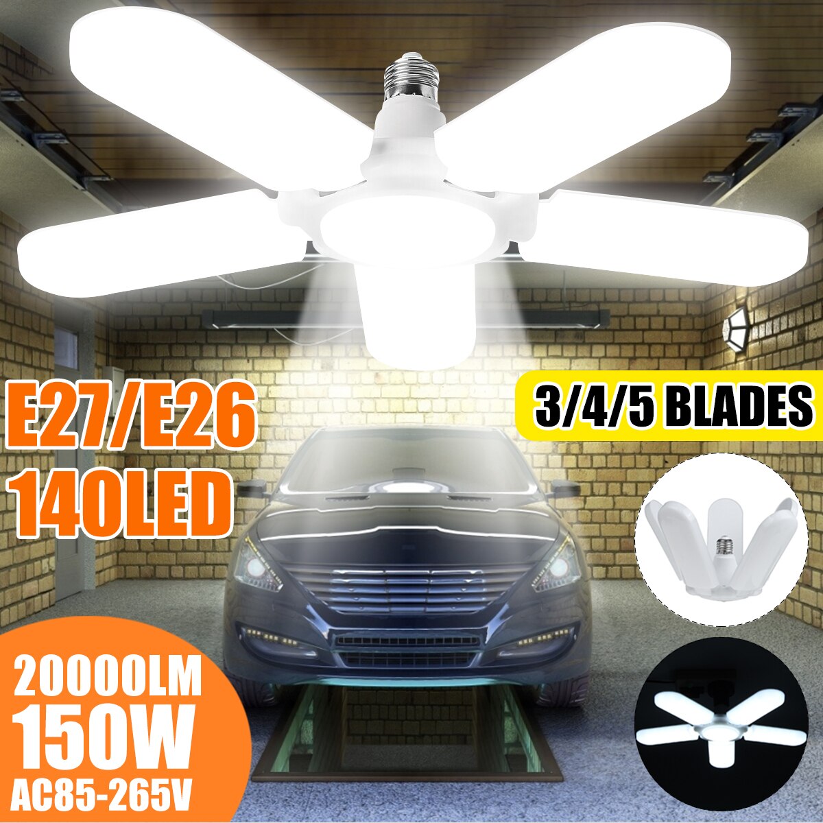 150W LED Fan Garage Lights E27 Bulb 6500K 20000LM 85-265V 2835 Led High Bay Lamp Super Bright Industrial Lighting for workshop
