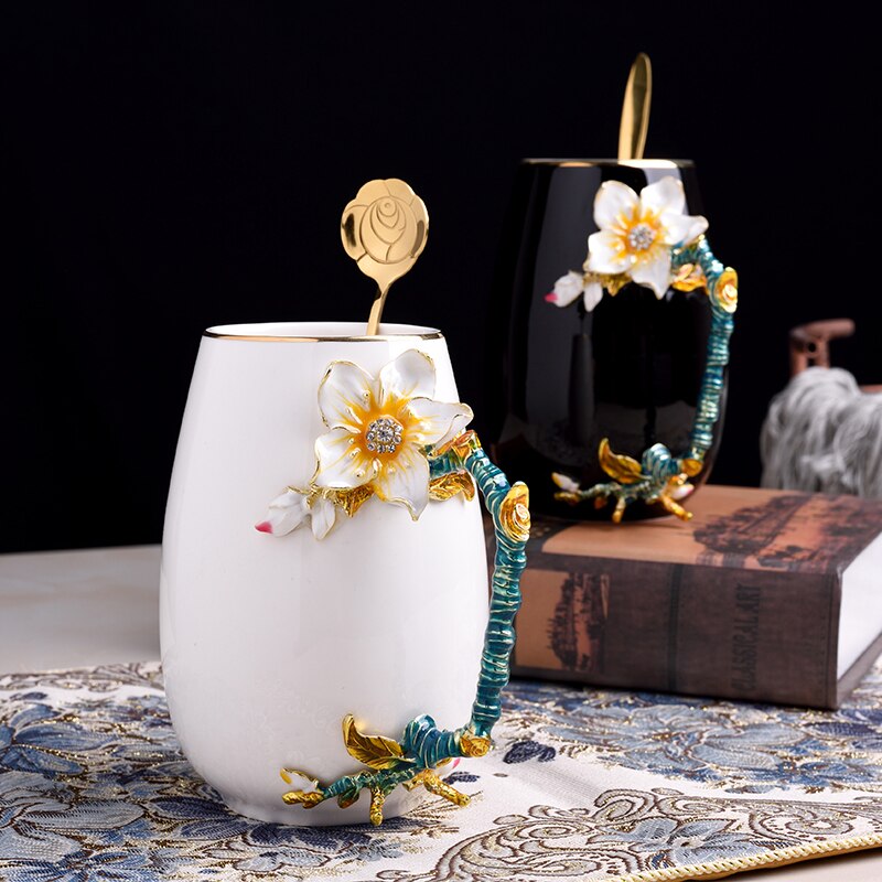 Europe Novelty Enamel Coffee Cup Mug Flower Tea ceramics Cups for and Cold Drinks Milk Alloy Handgrip Cups and Mugs