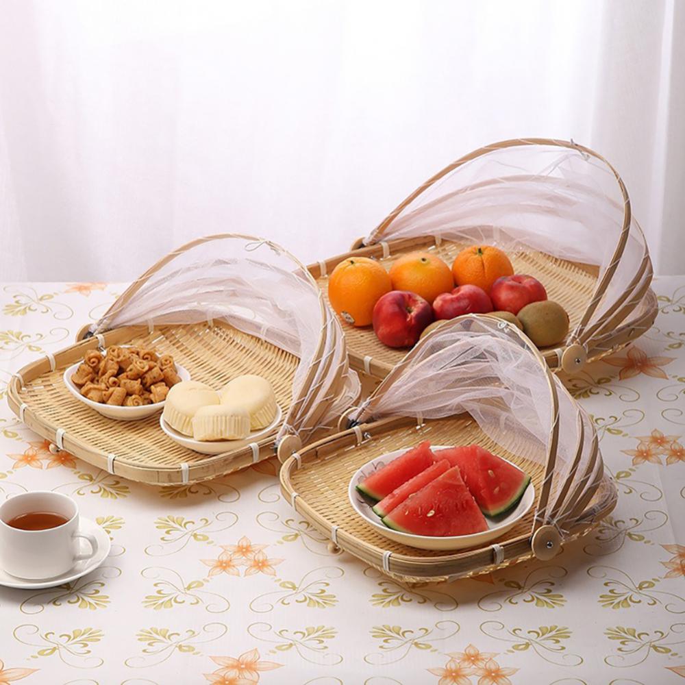 Hand-gewebte Lebensmittel Portion Zelt Korb Tablett Küche Obst Gemüse Brot Lagerung Korb Picknick Ich bin Freien Gittergewebe Netz Abdeckung Küche werkzeug