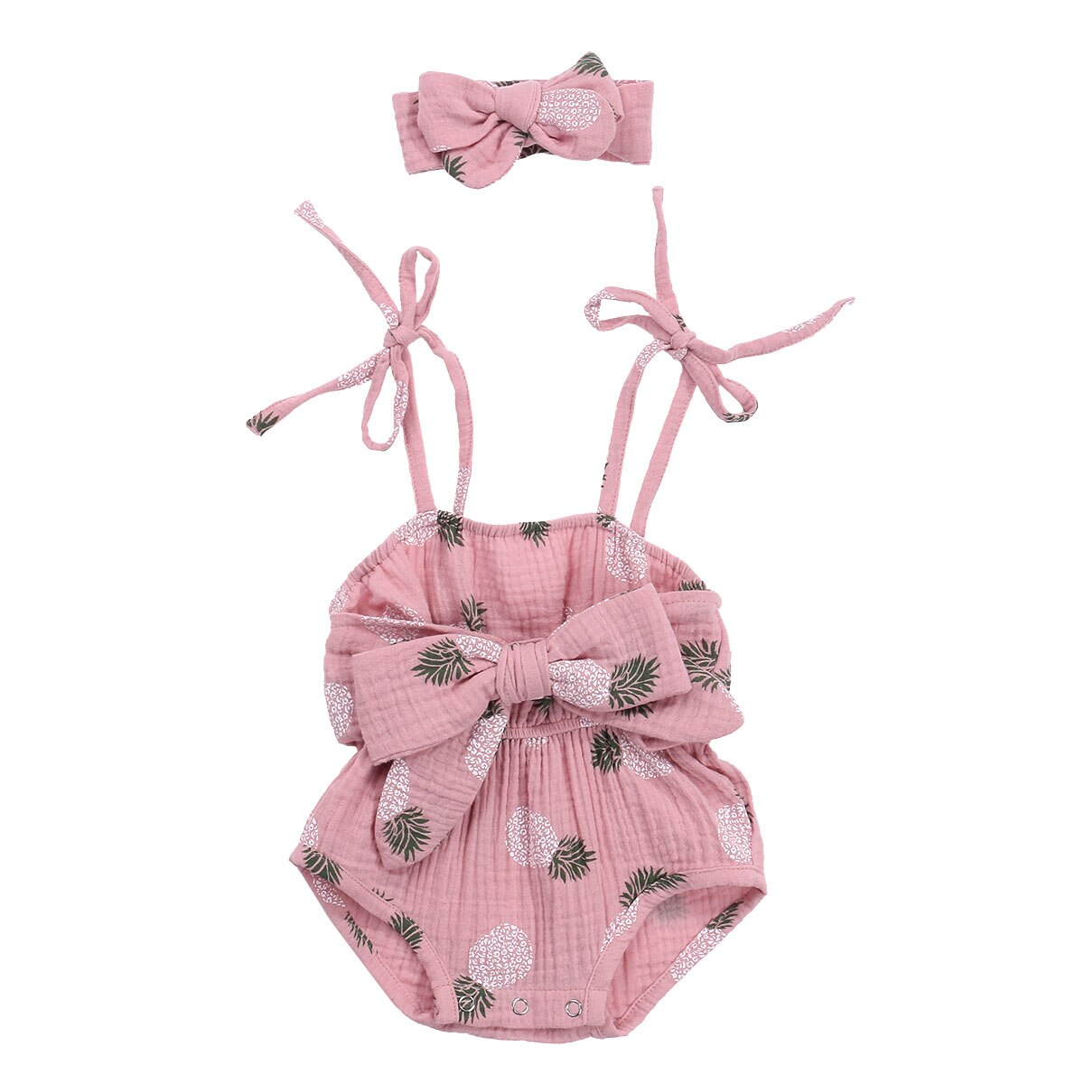 Focusnorm 0-24M Jongens Meisjes Bodysuits Hoofdband 2Pcs Bloemen/Polka Dot Print Mouwloze Strik Riem Jumpsuits: Roze / 6m