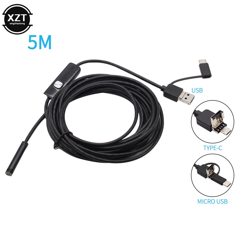 7Mm Usb Endoscoop Camera Micro Usb Otg Type C Flexibele IP67 Waterdichte 6 Verstelbare Leds Inspectie Borescope Voor Android pc: 5M