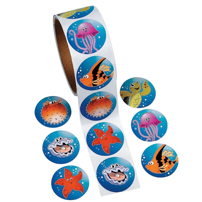 Een Roll Plakband 100pcs Cartoon Oceaan Vissen Sticker Voor Kinderen Grote Kleurrijke Briefpapier Sticker Speelgoed