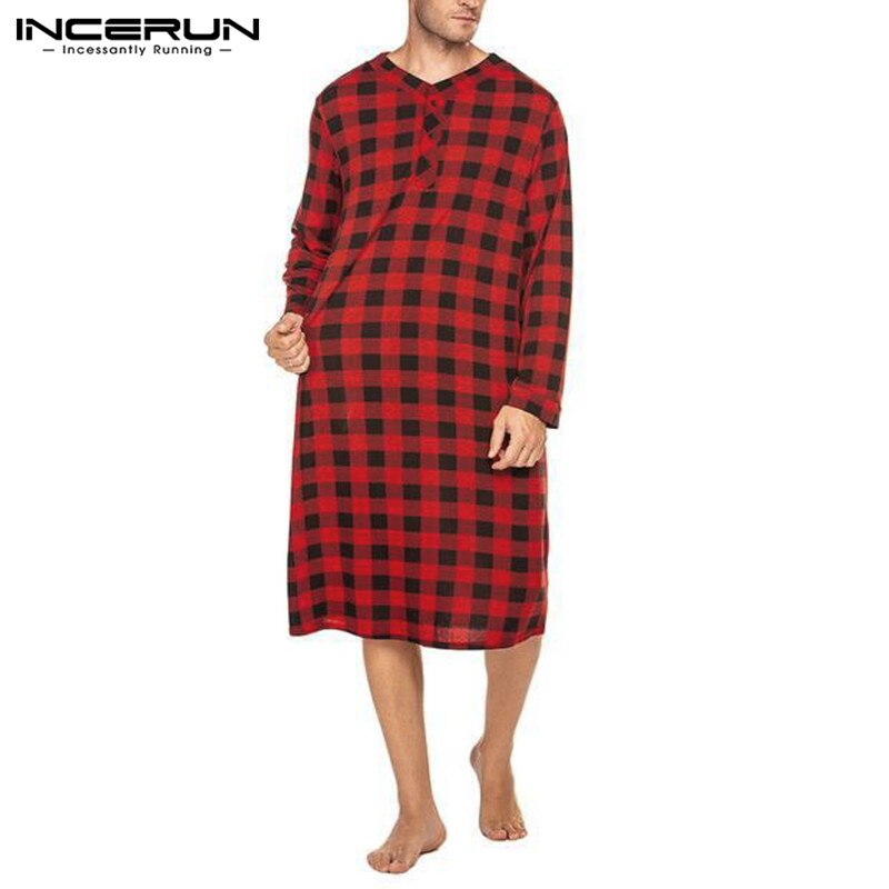 INCERUN nouveaux hommes sommeil Robes à manches longues col en V Plaid chemises de nuit homme bouton en vrac respirant vêtements de nuit casual longues peignoirs