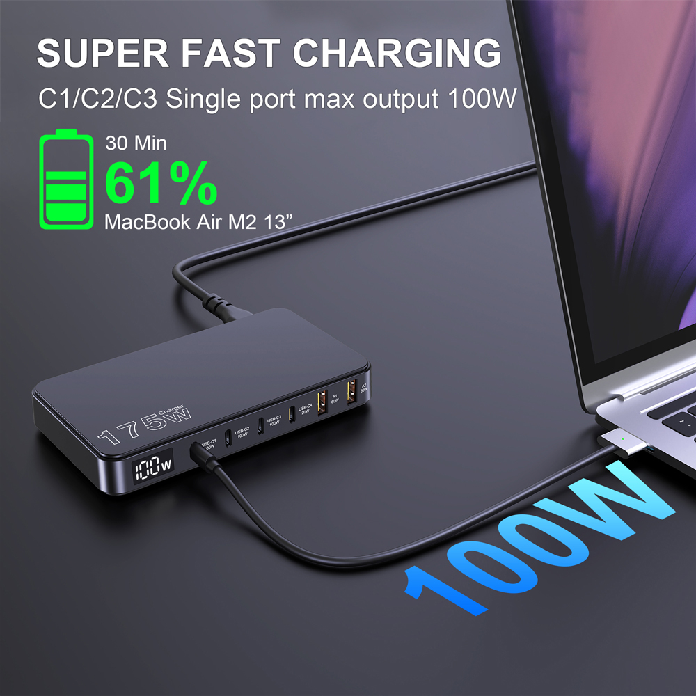 UHOMEBUY-Chargeur de bureau ultra-mince, charge rapide pour Samsung iPhone, affichage numérique, type C, PD, 175W, GaN, USB C, 100W, PPS45W