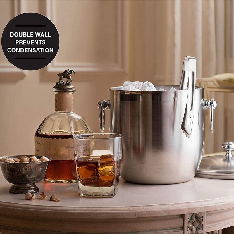 Stainless Steel Ice Bucket with Tongs Liter Double Walled Insulated with Tongs and Lid Ice Container(3L)