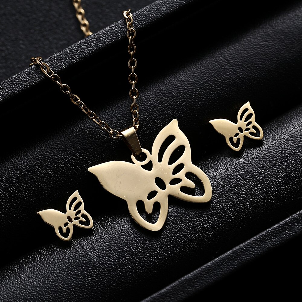 Rinhoo animal horse dragonfly Elephant Pendant necklace Earrings set Women Gold color Stainless Steel jewelry Set