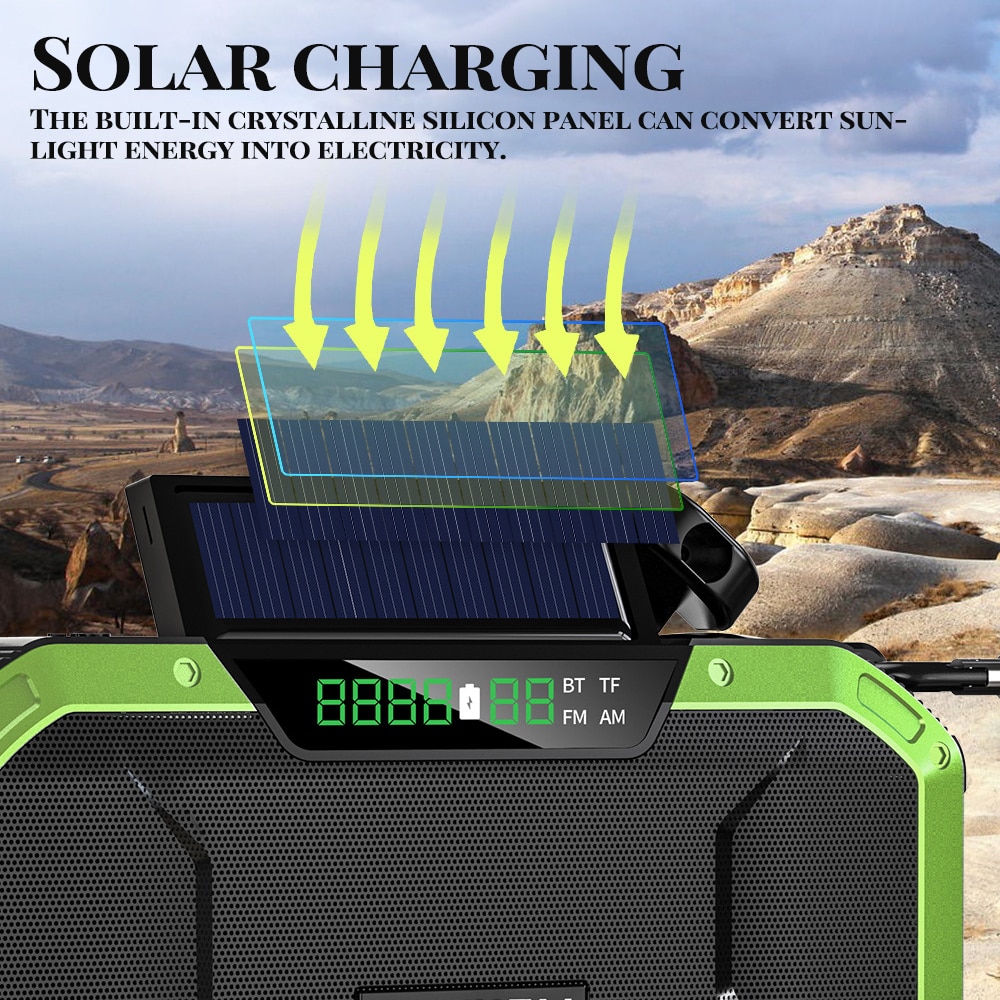 Multifunctional Hand radio IPX6 Waterproof AM/FM Weather Radio Use Emergency LED Flashlight and 5000mAh Power Bank