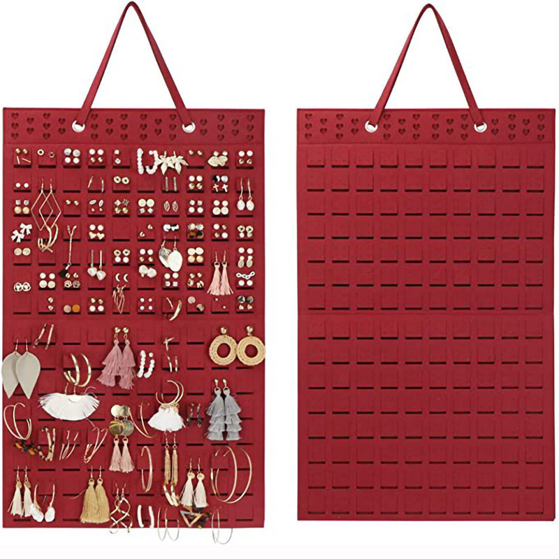 Bolsa de joyería montada en la pared, exhibición de joyería, pendientes de fieltro, bolsa de almacenamiento, collar, anillo, organizador y embalaje de joyería: Rojo
