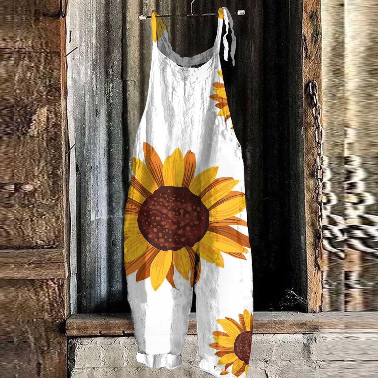 Sunflower Pattern Overalls For Women Slim Jumpsuit Women Casual Loose Romper For Women Mono Deportivos Mujer Gym: L / WHITE