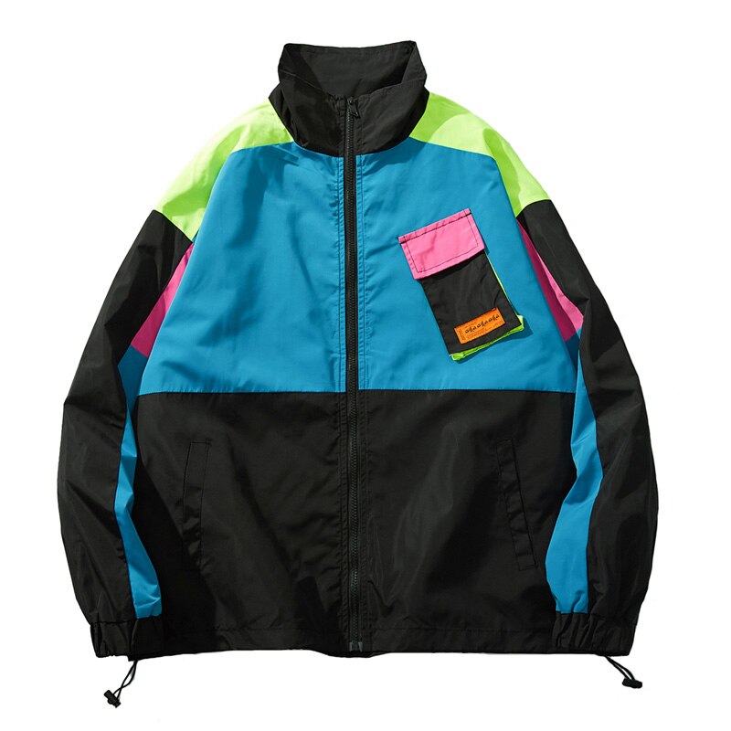 Bonita Vida Hip Hop chaqueta cortavientos hombre Vintage Color Harajuku estilo bolsillos cremallera chaqueta Casual pista ropa de calle: Azul / M
