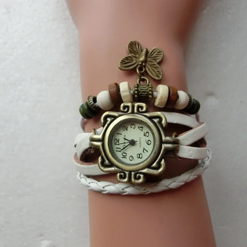 Vintage læder håndvævet dameur antik kobber tynd rem armbånd dameur med vedhæng udsøgt trendy kvartsur: Stålfarve