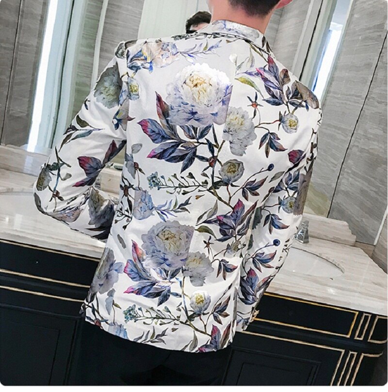 Mænds skinnende blomster trendy slankt jakkesæt blazer herre turn-down langærmet print blomstret natklub perform jakkesæt
