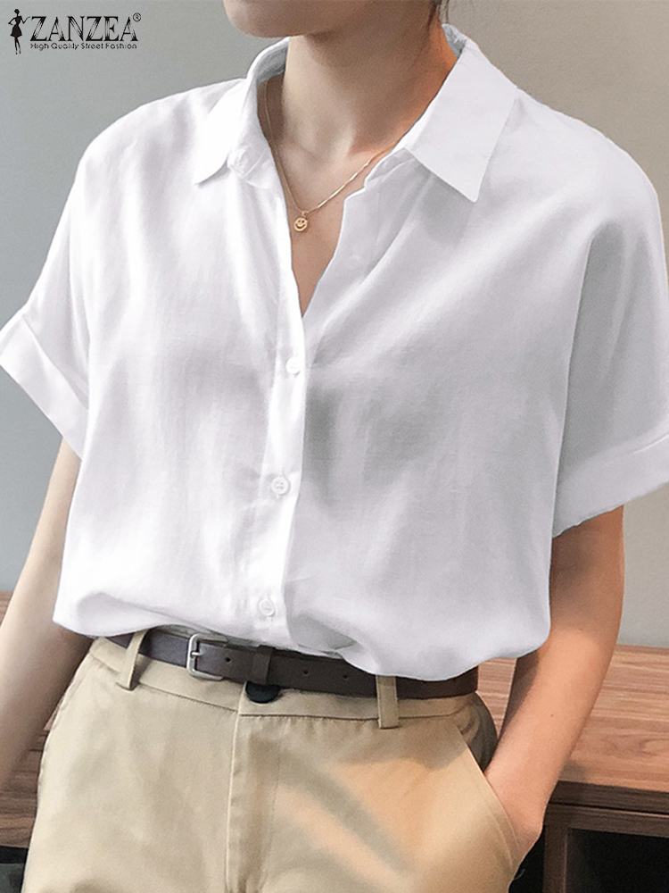 ZANZEA-camisas de gran tamaño para mujer, Tops lisos holgados a la , Blusa de manga corta, Blusas informales con botones lisos 2023: 5 XL / Blanco