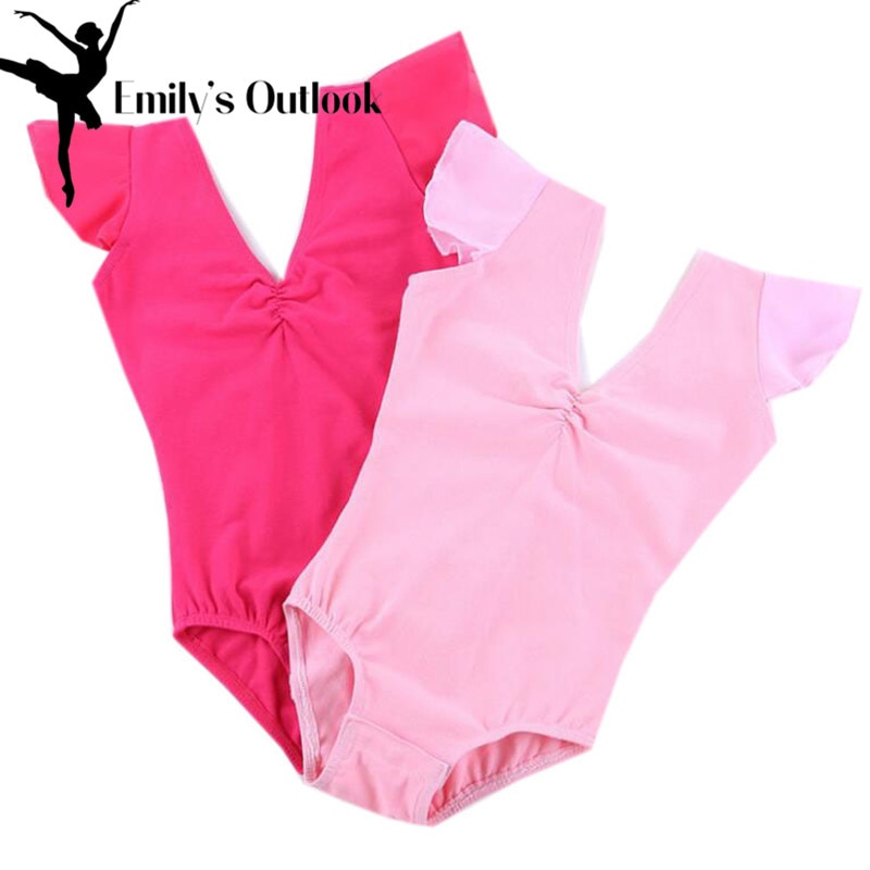 Gymnastikdräkter för flickor för dansbalett med flygande volang, kortärmad rosa