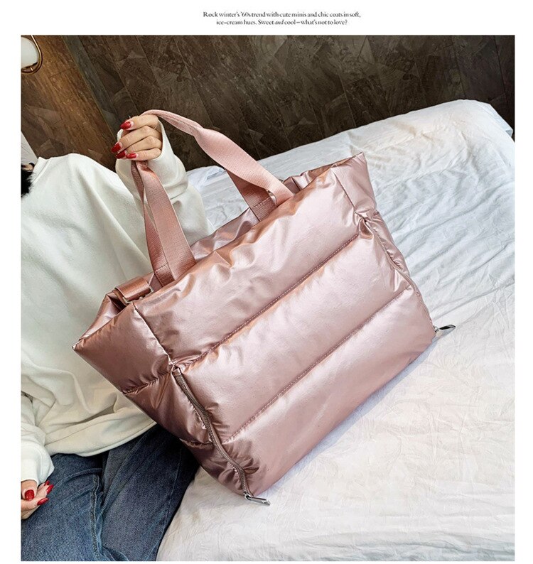 Hiver sac à bandoulière de grande capacité pour les femmes sacs en Nylon imperméables espace Pad coton plume vers le bas sac grand sac avec épaule: Pink