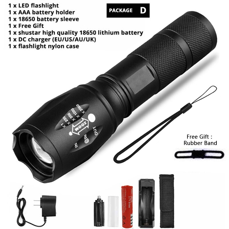 Z45 lampe de poche LED torche étanche Ultra lumineuse T6/L2/V6 zoomable 5 Modes de commutation 18650 batterie rechargeable pour le camping en plein air: Package D / L2-8000 Lumens