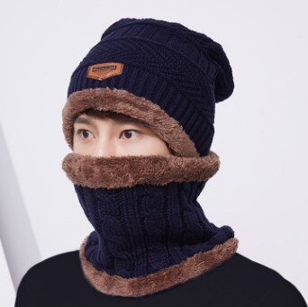 SILOQIN Winter Men's Beanie Hat Plus Velvet Thick Windproof Warm Scarf Knitted Wool Hats For Men Multipurpose Collar Earmuff Cap: navy blue