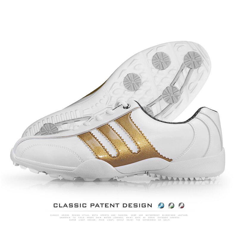 zapatos de Golf para hombre, zapatos de Golf transpirables a prueba de agua, botones giratorios, hebilla, zapatillas deportivas antideslizantes, Golf al aire libre: White Gold / 8.5