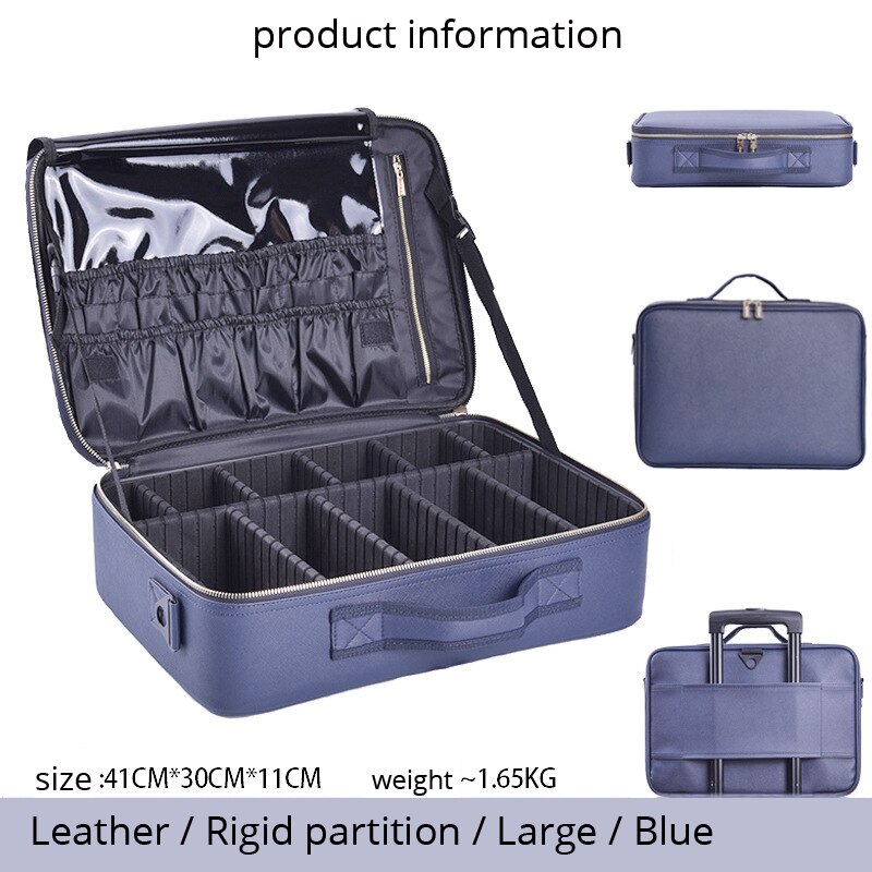 Organizador de maquillaje de gran capacidad para mujeres, caja de almacenamiento de Neceser cosmético de multicapa, Bonito traje portátil: BLUE-L