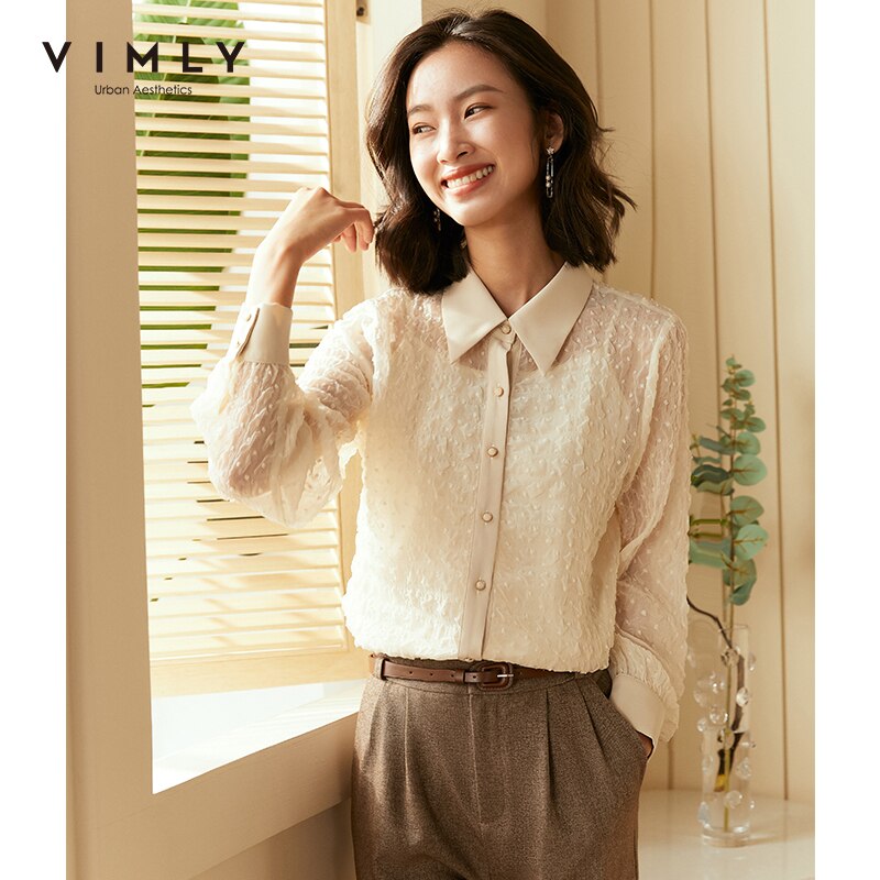 Vimly Herbst Frauen Hemden Büro Dame Drehen Unten Kragen Einreiher Chiffon Bluse Jahrgang Blusas Feminina F2108