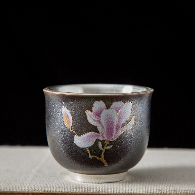 Taza de té dorada de plata 999, vaso Maestro de cerámica, flor a la parrilla, lámina dorada, taza de té Kung Fu: D