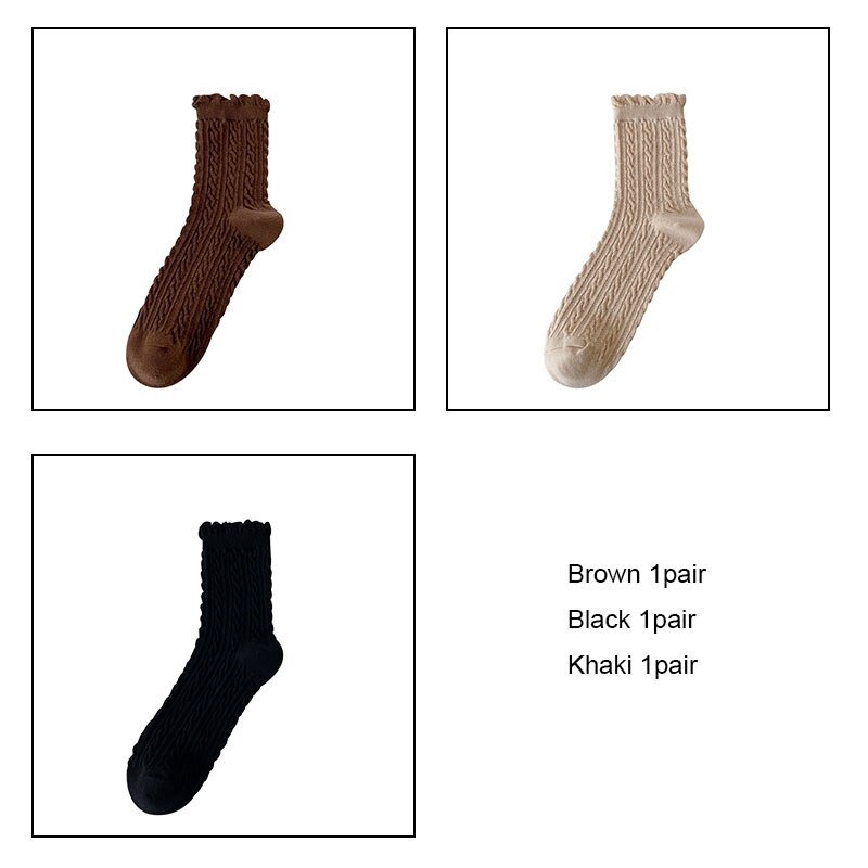 Women cotton socks 3pairs/lot Bubble mouth Retro japanese style collage socks girl female socks VKMONY: Brown1Black1Khaki1