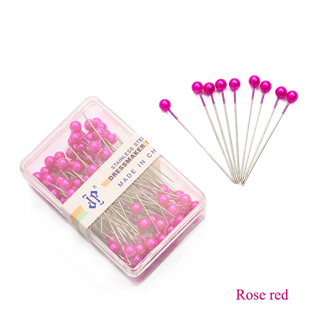 100Pcs/Box Colorful Round Pearl Head Needles Stitch Straight Push Sewing Pins For Dressmaking DIY Sewing Tools Positioning 38cm: Rose red