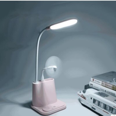 Lampe de bureau Led Rechargeable avec Port de charge USB, multifonction 4 en 1, 2 Modes de couleur et gradation continue, lampe de bureau tactile: Pink With Fan