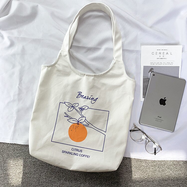 Women Canvas Shoulder Tote Bag Chic Fruit Printed Cotton Cloth Shopping Bags Female Handbag Ins Reusable Beach Shopper Bag