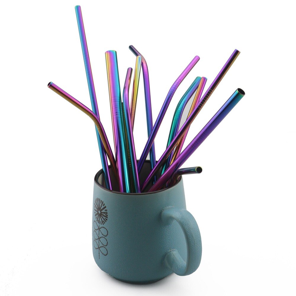 Pajilla de Metal reutilizable para beber, pajilla de Metal de acero inoxidable, paja colorida de arco iris de 16/19/21/23/26cm, diámetro de 6/8/12mm con 1 cepillo, 2 uds.