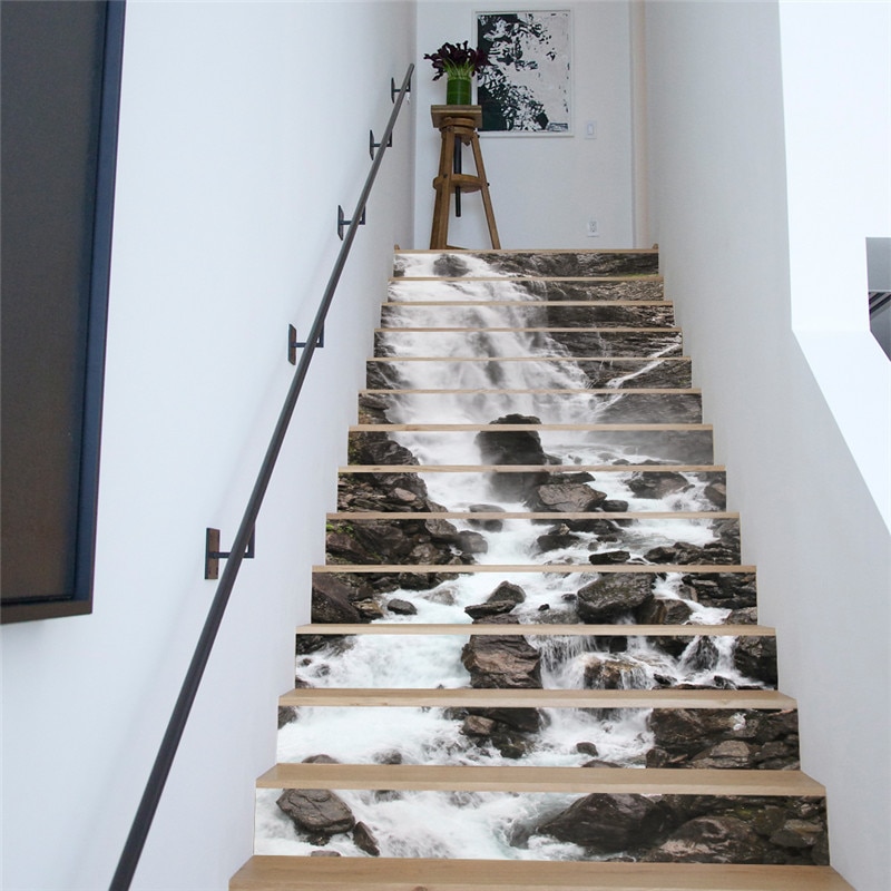 13 stykker/sæt diy 3d trappemærkater vandfaldsmønster til hustrapper dekoration stor trappe vægklistermærke