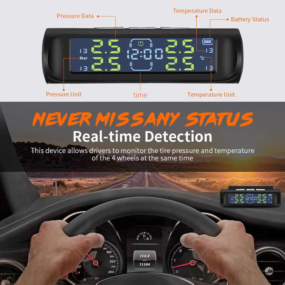 An-01d deux-en-un horloge et pression des pneus voiture solaire Tpms horloge Lcd affichage sans fil système de surveillance de la pression des pneus