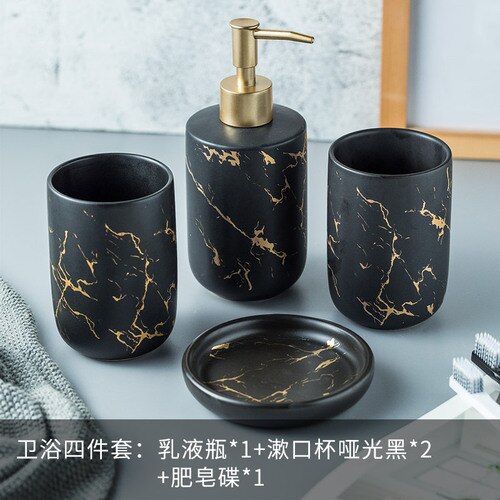 Set Accessori Bagno In Ceramica 5 Pezzi - Stile Art Déco Con Dettagli Oro E Nero - Portasapone, Bicchiere, Portaspazzolino E Spazzola WC