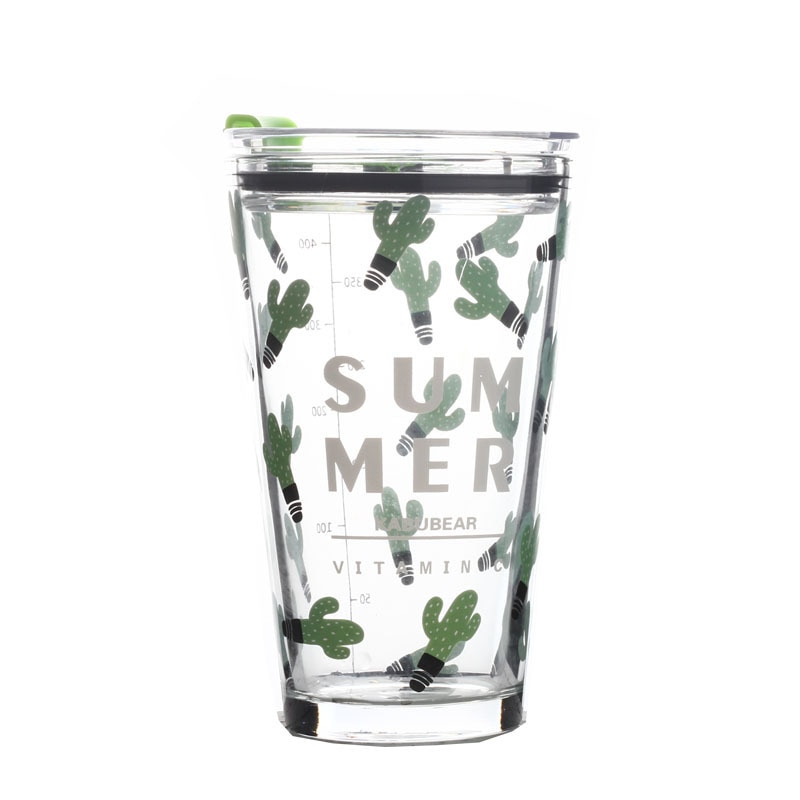 450ml glass kopp tegneserie frokost drikke vann sippy kopp glass med lokk vannkopp netto rød søt melk juice kopper: Kaktus 450ml