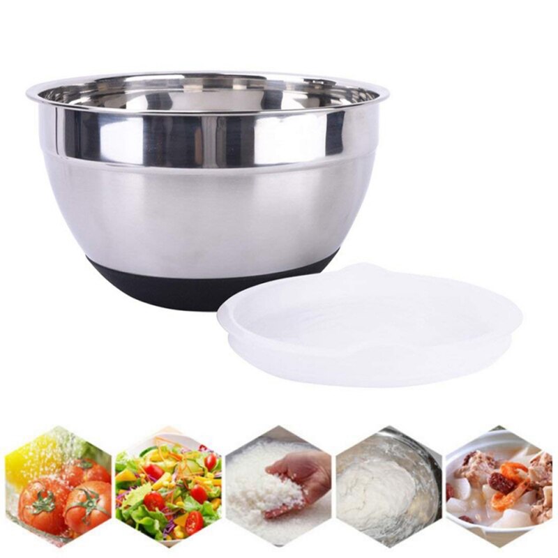Cuenco mezclador de acero inoxidable con tapa y fondo antideslizante de silicona, utensilio de cocina, Bol para ensalada y pan, repostería, herramienta para tartas