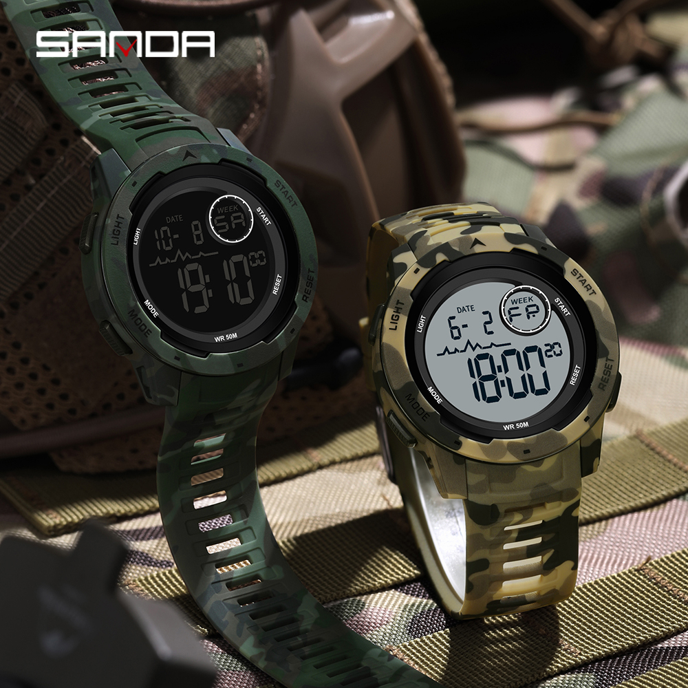 SANDA 2185 elektronische Uhr, beliebte Tarnung, Militärstil, Kühler Trend, Wecker, multifunktionale elektronische Herrenuhr