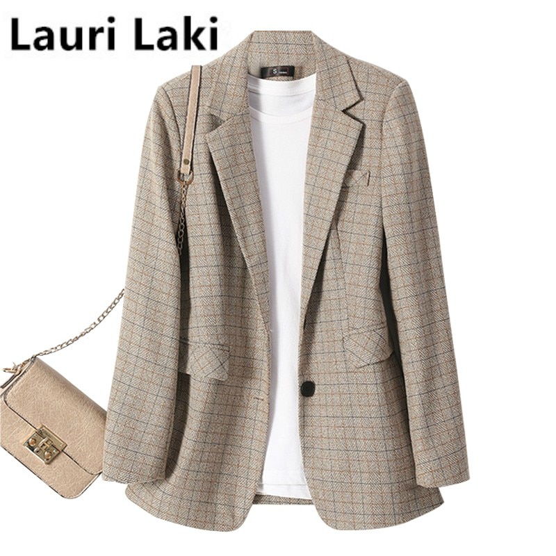 Lauri laki rutig kavaj dam kontorskläder långärmad kavaj kostym mujer vintage gitter plazer jacka plus size khaki