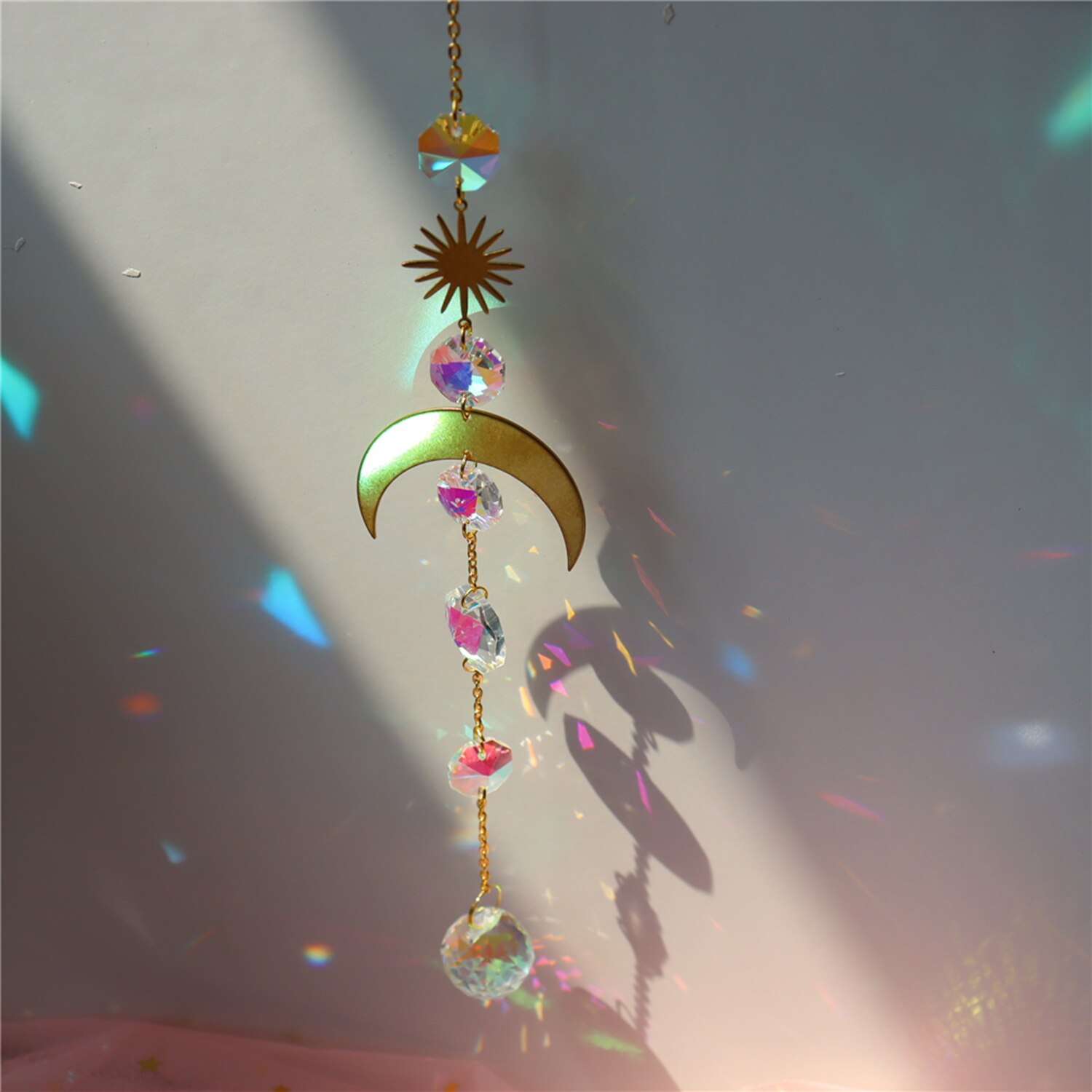01-12 Suncatcher Crystal Rainbow Wind Chime Pendant Moon Hanging Ornament Crystal&amp;Copper Window Decor Home Garden Patio Decor: 06-35CM