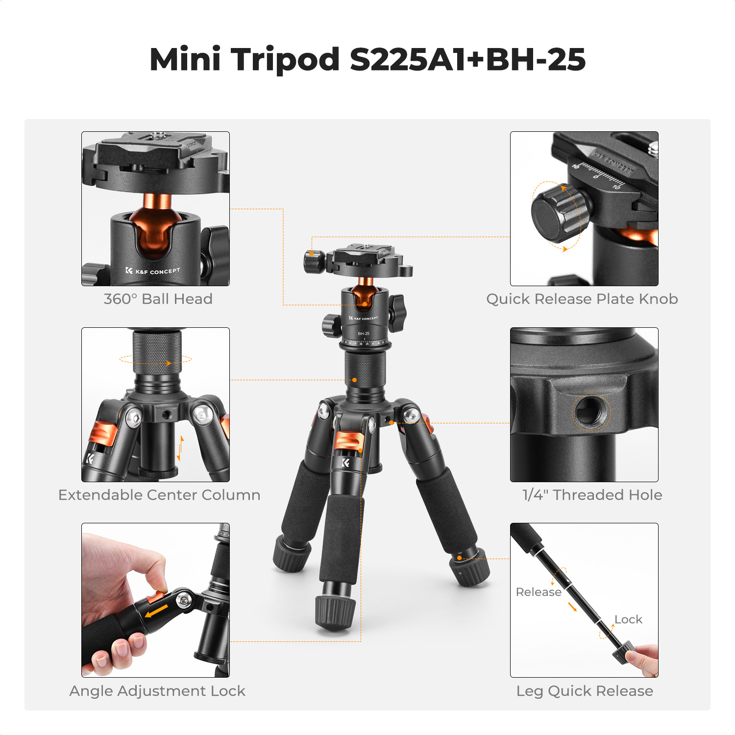 K&F Concept 52cm Mini statyw biurkowy do aparatu Kompaktowy statyw 360 ° Niskoprofilowa śruba z łbem kulistym 1/4'' do kamery wideo