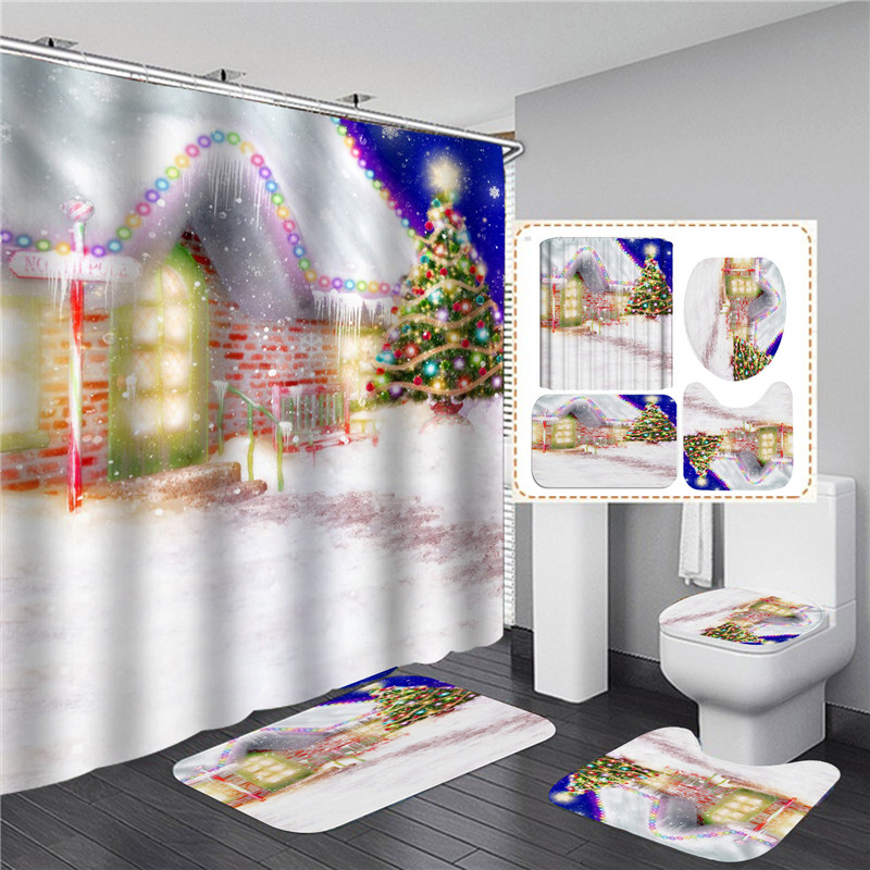 Merry Christmas Shower Curtain Set with Rugs Waterproof Curtain Bathing Screen Anti-slip Toilet Lid Cover Rugs Bathroom Decor