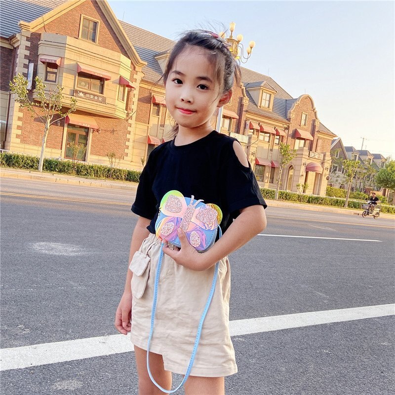 Sac pour enfants Style sac à main dessin animé Pu coloré papillon sac à bandoulière sac à bandoulière une pièce cheveux